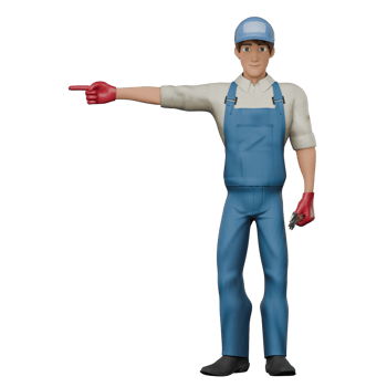 Mechanic's Daily Routine in 3D. A male mechanic stands with his right hand pointing to the right. Male Cartoon png