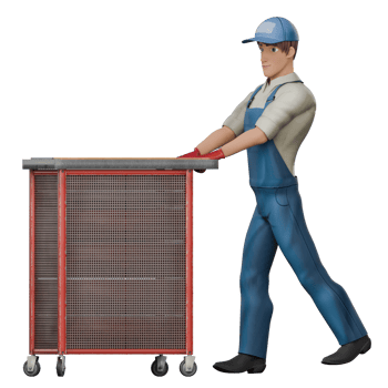 Male Mechanic in Auto Setting. A male mechanic is pushing a tool trolley in a workshop. 3D Character png