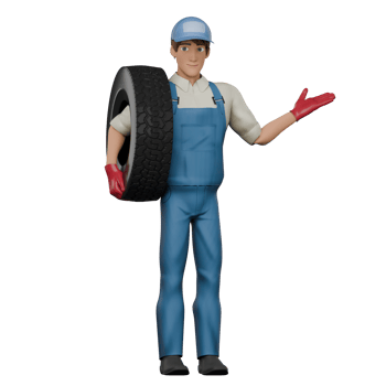 Automotive Service Provider 3D. A male mechanic stands holding a car tire on his right shoulder and his left hand is raised with his palm open upwards, as if he is giving an explanation. png