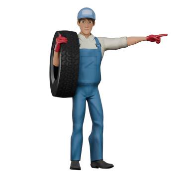 3D Male Mechanic in Workshop. A male mechanic stands while carrying a car tire on his shoulder and his left hand points to the left, as if indicating. Cartoon png