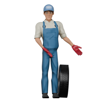 3D Male Mechanic. A male mechanic stands to the right of a car tire with both hands pointing towards the car tire. Professional Automotive Character png