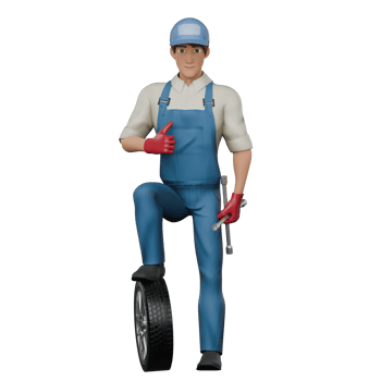 Male Automotive 3D Animation. A male mechanic stands with his right foot stepping on the car tire, then his left hand holds a 4-pole crank and his right hand gives a thumbs up. Mechanic png