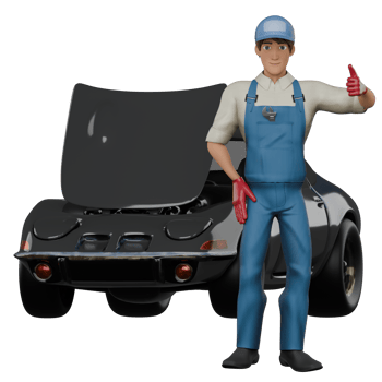 Professional 3D Mechanic. A male mechanic is standing in front of a car with the engine tap open while his left hand is pointing his thumb and his right hand is on his waist. Male Auto Expert png