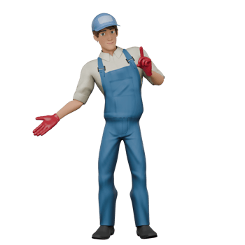 Male Mechanic 3D. A male mechanic stands with his index finger pointing while his right hand points to the right, as if giving directions. Professional png