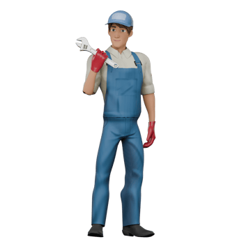 Male Mechanic Professional Character. A male mechanic stands holding an English crank while both his eyes look at the crank, as if he is about to start repairs. png