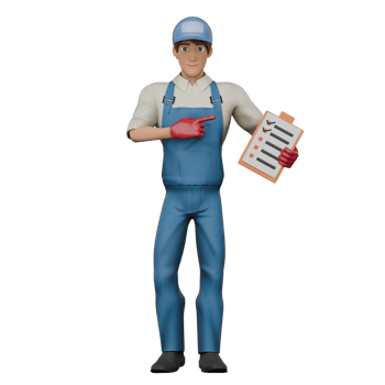 Professional Mechanic in 3D. A male mechanic stands with his left hand holding a checklist while his right hand points at it, as if he wants to explain and give directions. Male png
