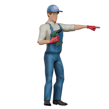 3D Male Mechanic Character in Action. A male mechanic stands with his right hand holding an impact and his left hand pointing forward, as if giving directions. Professional png