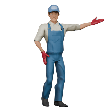 Technical Mechanic Professional in 3D. A male mechanic stands with his left hand straightened with his palm facing upwards, as if greeting a customer while his right hand is on his waist. Male png