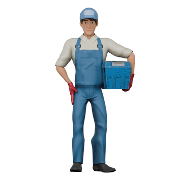 3D Model of Professional Male Mechanic. A male mechanic stands with his left hand carrying a large blue toolbox and his right hand on his waist. Cartoon png