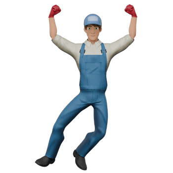 Professional Male Technical Character. A male mechanic is flying while raising both hands. 3D Mechanic png