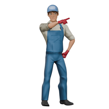 Professional Mechanic Character in 3D. A male mechanic stands with his left hand on his waist while his right hand points forward. Male png