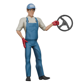of Professional Male Mechanic. A male mechanic stands with a car steering wheel in his left hand while his right hand is at his waist. Cartoon png