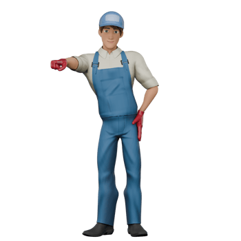 3D Male Mechanic. A male mechanic stands with his right hand pointing straight ahead while his left hand is on his waist. Professional png