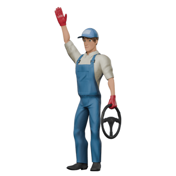 Mechanic in 3D. A male mechanic stands with his right hand raised as if greeting, while his left hand holds the steering wheel. Male Professional png
