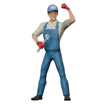 Male Mechanic in 3D Professional Technical. A male mechanic stands with his right hand holding a wrench while his left hand is bent upwards with a fist. Cartoon png