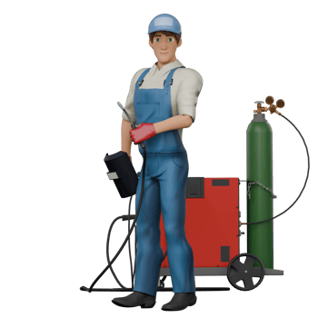 3D Technical Mechanic Male. A male mechanic stands next to welding equipment, his right hand carrying a welding mask while his left hand holds a welding tool. Professional png