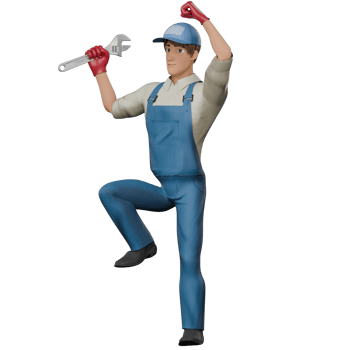 Professional Male Mechanic in 3D Animation. A male mechanic stands with one leg raised and one hand holding a large wrench. Technical png