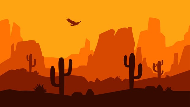 Landscape illustration of wild west desert with cacti and canyon rocks vector