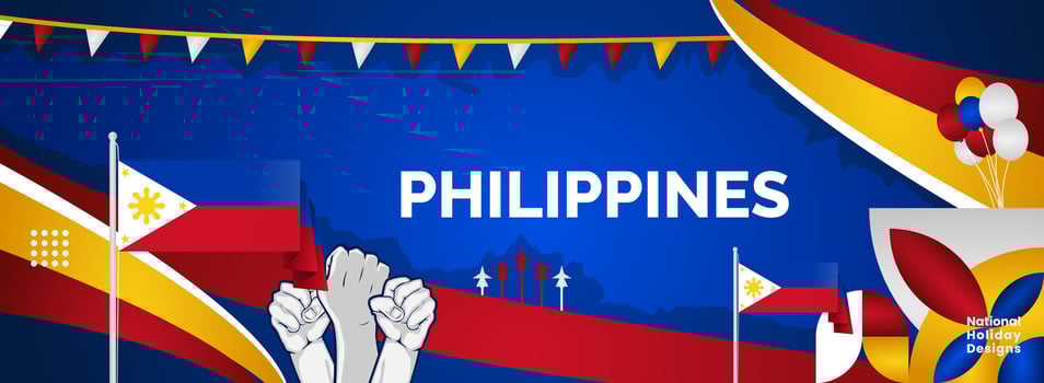 Philippines wide banner with raised hands and abstract shapes in the colors of the Philippine national flag vector