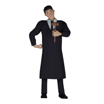 3D Model of Judicial Expert. A male judge stands with his left hand holding the gavel and his right hand on his waist. Cartoon Judge png
