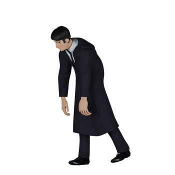Male Judge Cartoon in 3D. A male judge walks with his body bent as if he is not enthusiastic or tired. Legal Scene png
