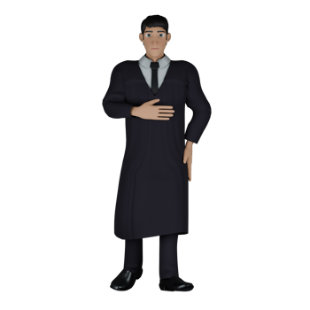 3D Model of Cartoon Judge. A male judge stands with his right hand on his stomach while his left hand is on his waist. Courtroom Authority png