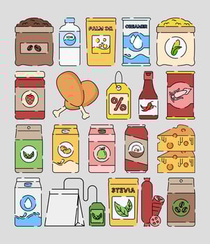 A colorful set of food and drink icons, showcasing various grocery products in a vibrant illustration style. vector