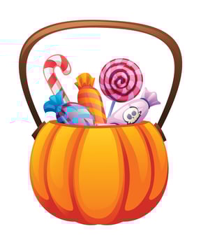 Halloween pumpkin bucket filled with candy and treats. Cartoon illustration vector
