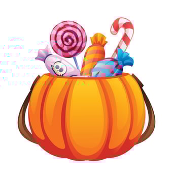 Pumpkin basket filled with various candy treats for Halloween. Cartoon illustration vector