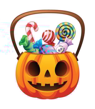 Halloween pumpkin candy bucket with carved face, filled with candies and treats. Cartoon illustration vector