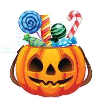 Carved pumpkin bucket for Halloween, filled with colorful candy and treats. Cartoon illustration vector
