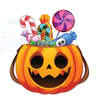 Halloween pumpkin bucket with candies, lollipops, and treats. Cartoon illustration vector