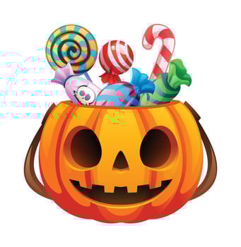 Halloween pumpkin candy bucket with carved face, filled with candies and treats. Cartoon illustration vector