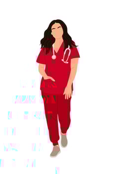 A cartoon woman in red scrubs walking vector
