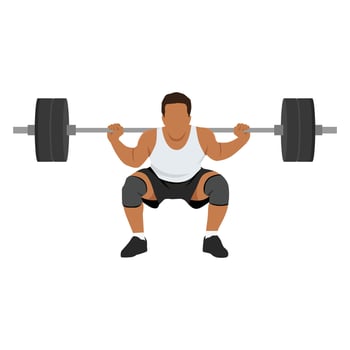 Young man doing squats with barbell on neck back. vector