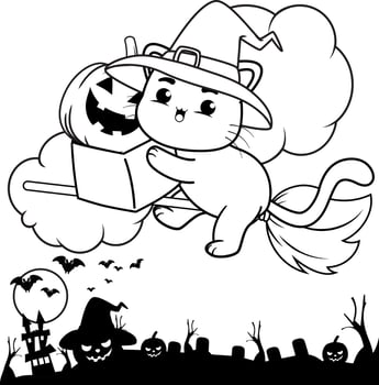 Halloween coloring page with cat for kids vector