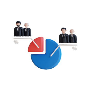 3D illustration of businessmen figurines on a seesaw with a pie chart, representing market share. png