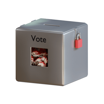Secure metal ballot box with 'Vote' inscription and visible ballots inside. png