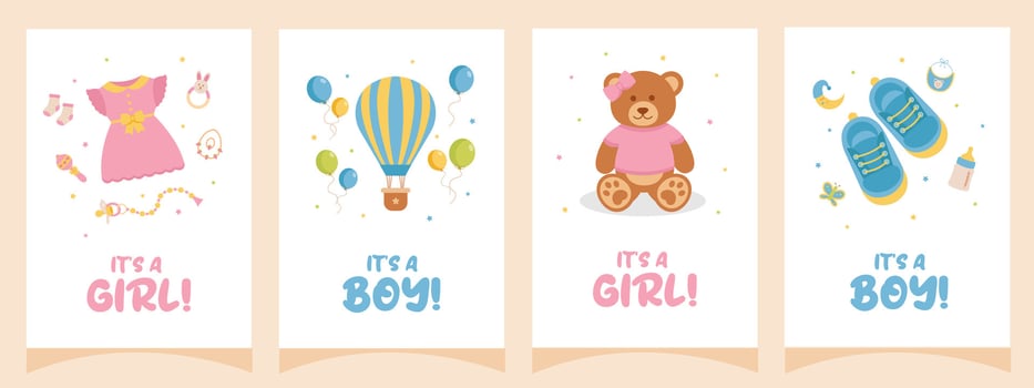 Baby shower set of cards, posters, invitations. It's a boy. It's a girl. Template for party invitations, posters, greeting cards, social media. vector