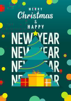 Merry Christmas and Happy New Year holiday banner with xmas tree and colorful gift boxes. vector