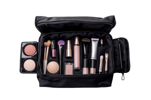 A stylish black makeup bag filled with various beauty products, perfect for on-the-go touch-ups png