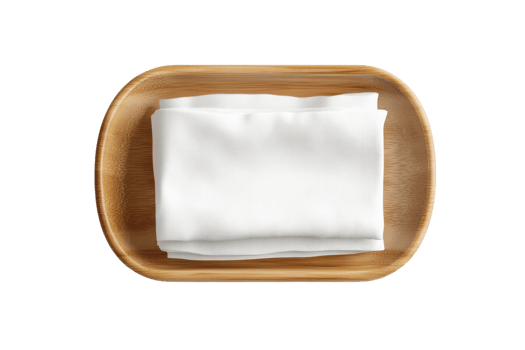 Neatly folded white napkins stacked in a wooden serving tray for a dining table setting png