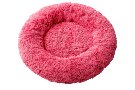 Plush round dog bed in vibrant pink color perfect for pets to relax and lounge comfortably png