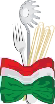 Fork and spaghetti server tied with italian flag bow tie celebrating italian food culture vector