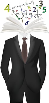 Businessman wearing an open book as a hat with math equations surrounding him vector