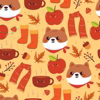seamless pattern cartoon puppy with autumn vibes. cute autumn fall wallpaper for fabric print, gift wrap paper vector