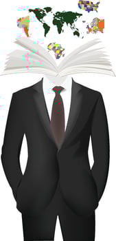 Businessman wearing suit with open book as head and world map vector