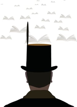 Man is wearing a top hat with books flying away from it vector