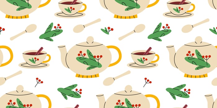 Christmas tea seamless pattern. Cinnamon tea, teapot and spoon. Flat illustration. vector