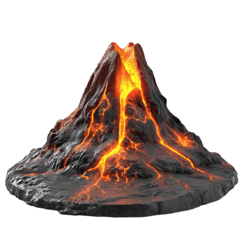 Volcanic Eruption with Fiery Lava Flow and Dark Jagged Cone png